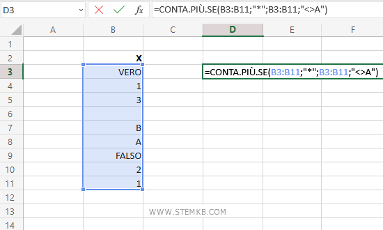 digita =CONTA.PIÙ.SE(B3:B11;"*";B3:B11;"<>A")