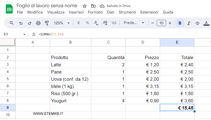 il foglio di calcolo visualizza la somma