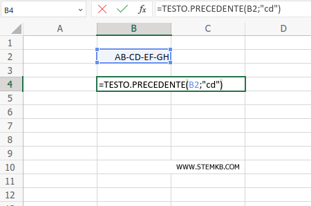 digita =TESTO.PRECEDENTE(B2;"cd")